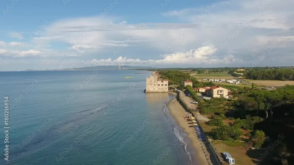 Torre Mozza castle and coastline, Tuscany aerial view. Torre Mozza castle and coastline, Tuscany aerial view.