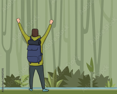 A young happy man, back view of backpacker with raised hands in the jungle forest. Hiker, Explorer, mountaineer. A symbol of success. Vector Illustration with copy space.