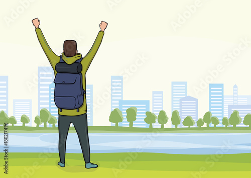 Back view of happy young man on the morning walk in the city Park. A tourist with their hands up, a gesture of success to goals. Vector Illustration.