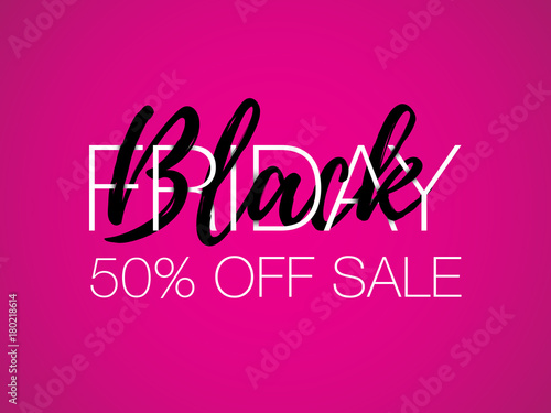 Black Friday with 50% Sale inscription design template. Black Friday concept banner. White and black text on pink background vector illustration.