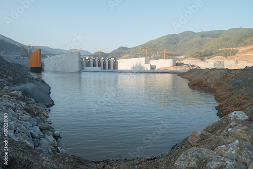 Construction Heavy Working Site Building Xayaburri Dam, Xayaburi, Laos	 photo