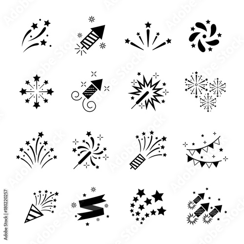 Celebration iconic. Firework icon set with petard, stars. Festival and event, celebrate and party. Vector illustrator