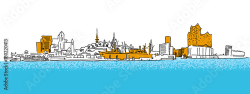 Hamburg Outline Panorama Sketch with colored details