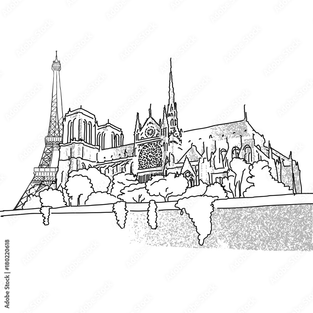 Notre Dame and Eiffel Tower travel scene