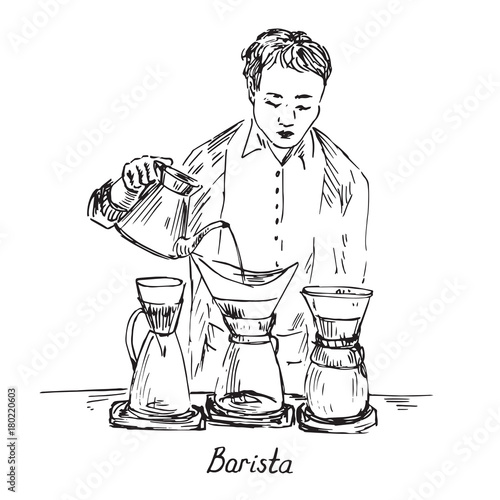 Barista at work, hand drawn doodle, sketch in pop art style, black and white vector illustration
