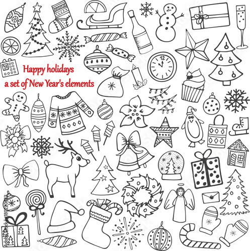 Set of 58 elements of design. The lovely hand-drawn New Year's illustrations.