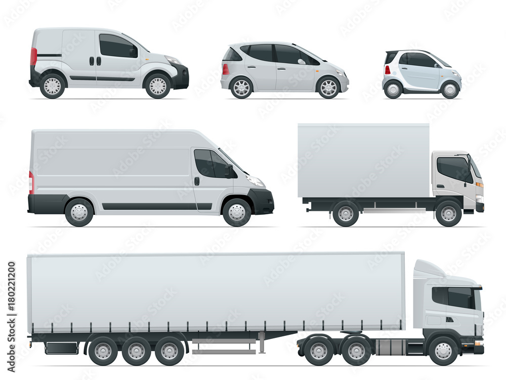 Vecteur Stock Set of cargo trucks side view. Delivery Vehicles isolated.  Cargo Truck and Van. Vector illustration. | Adobe Stock