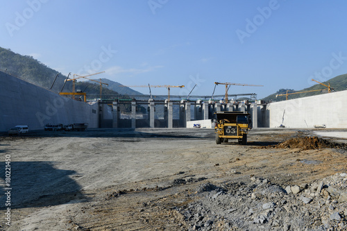 Construction Heavy Working Site Building Xayaburri Dam, Xayaburi, Laos	 photo