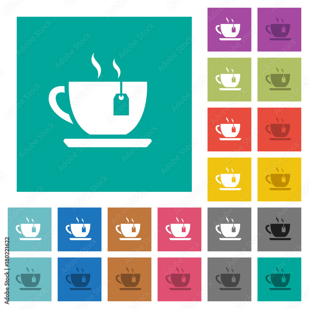 Cup of tea with teabag square flat multi colored icons
