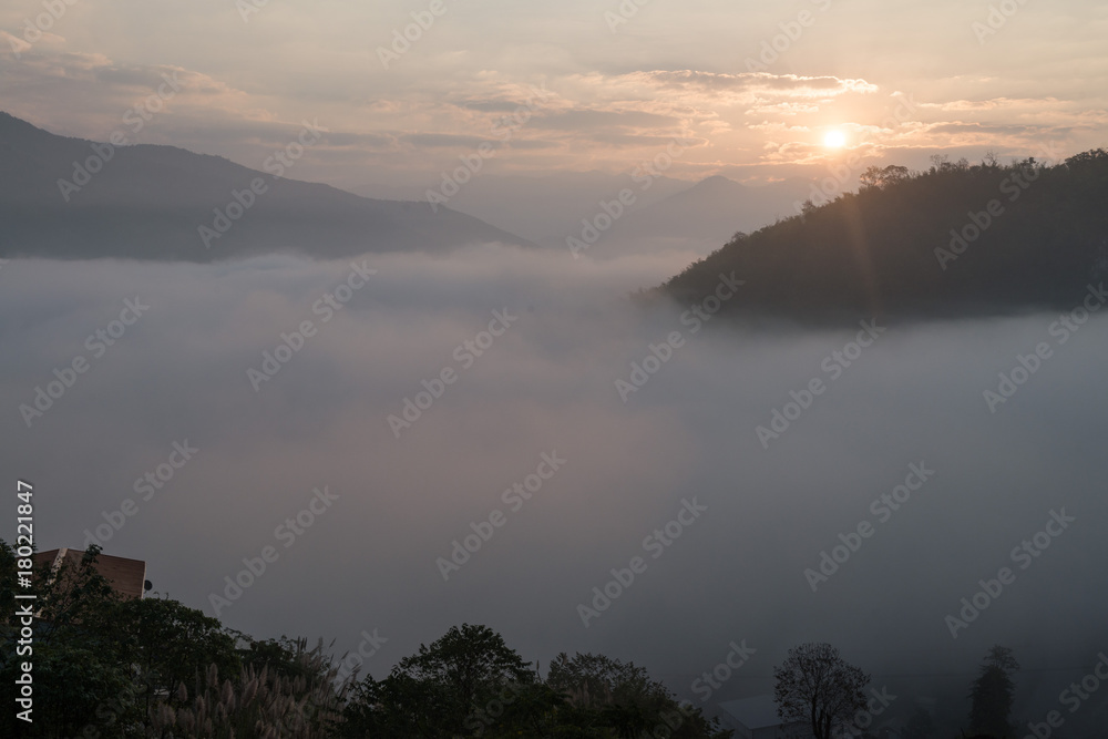 Misty Mountain in the Morning with Sunrise Misty Mountain in the Morning with Sunrise