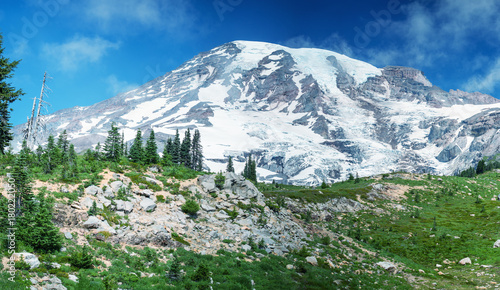 Mount Rainier panorama with glacier, trees and blue summer sky