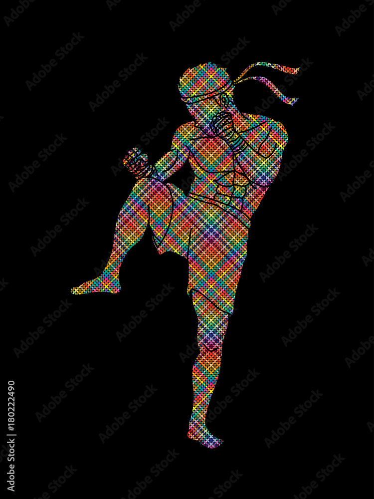 Fototapeta premium Muay Thai, Thai boxing standing ready to fight action designed using colorful pixels graphic vector