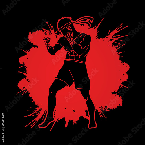 Muay Thai, Thai boxing standing ready to fight action designed on splatter blood background graphic vector