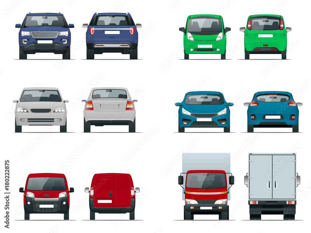 Naklejka premium Vector set cars front and rear view. Sedan, off-road, compact, cargo truck, blank delivery minivan vehicles. Template vector isolated on white.