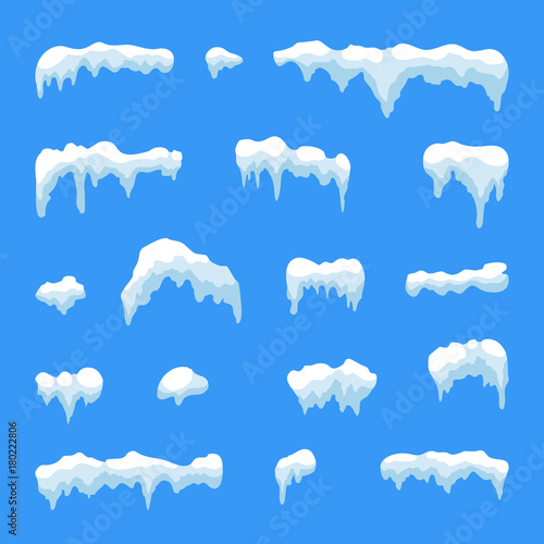 Snow ice icicle set Winter design. White blue snow template. Snowy frame decoration isolated on blue background. Cartoon style. Christmas, New Year frozen ice texture Vector illustration