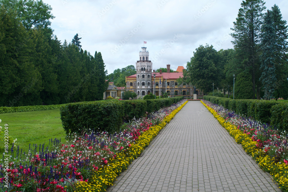 Floral gardens along the path leading to Sigulda New Castle in Latvia