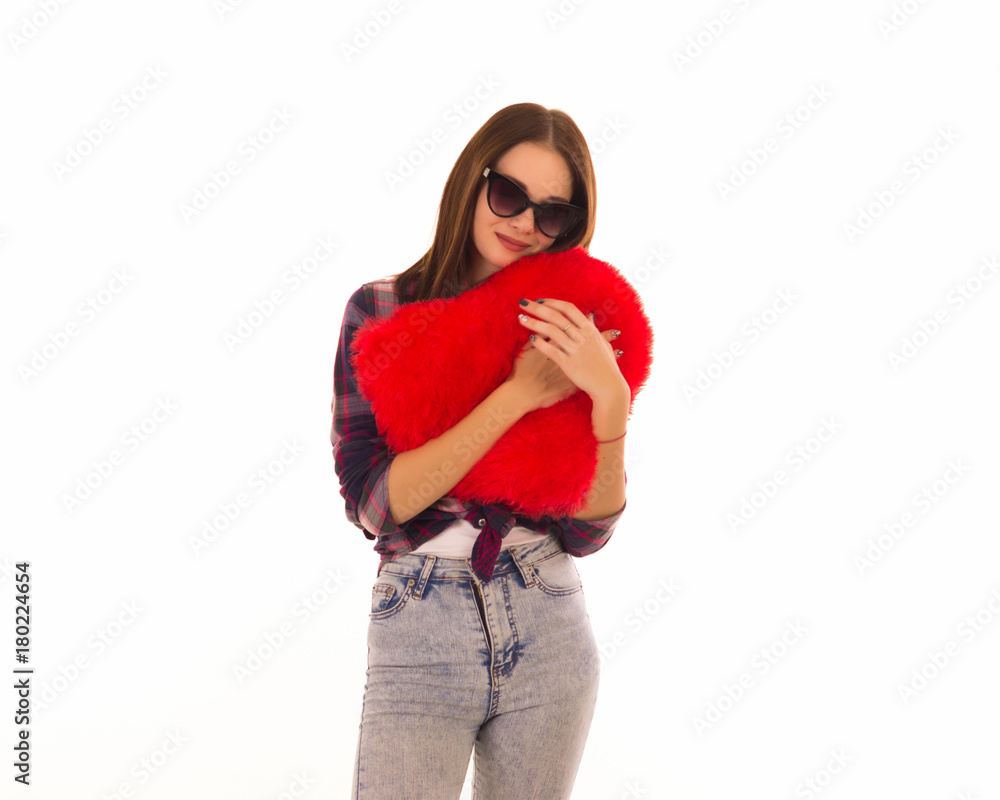 Young pretty woman, sunglasses, studio  