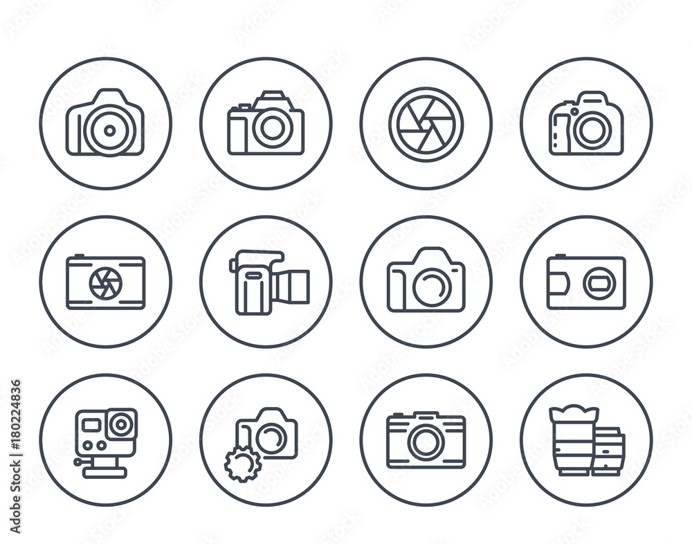 camera, photography line icons set on white, dslr, aperture, compact and action camera, lenses camera, photography line icons set on white, dslr, aperture, compact and action camera, lenses