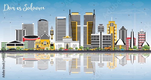 Dar Es Salaam Tanzania Skyline with Color Buildings, Blue Sky and Reflections.