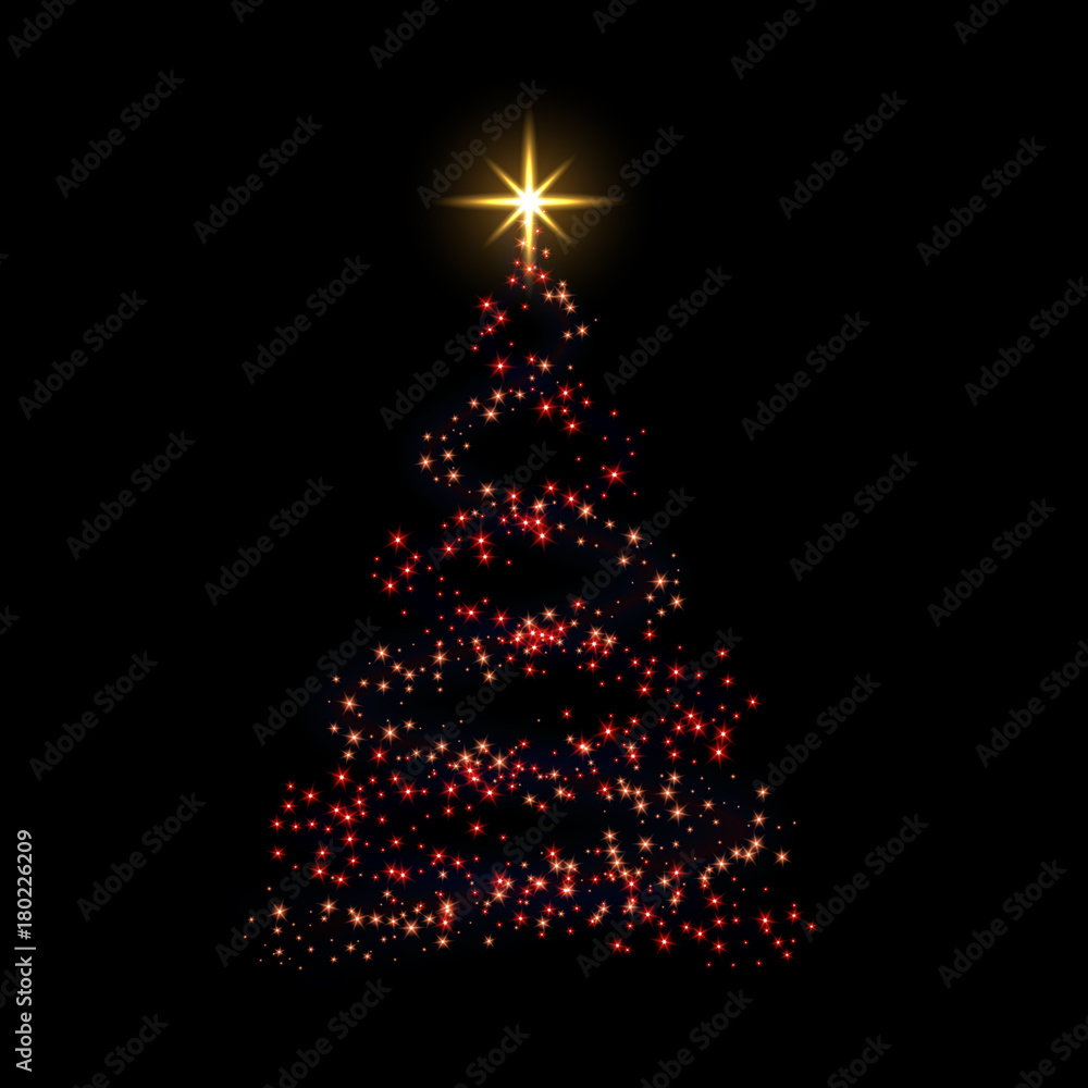 Christmas tree card background. Red Christmas tree as symbol of Happy New Year, Merry Christmas holiday celebration. Sparkle light decoration. Bright golden star Vector illustration Christmas tree card background. Red Christmas tree as symbol of Happy New Year, Merry Christmas holiday celebration. Sparkle light decoration. Bright golden star Vector illustration