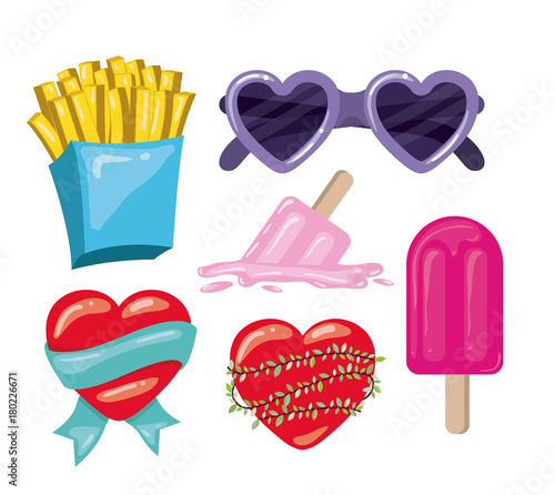 french fries and glasses and hearts and popsicles in white background