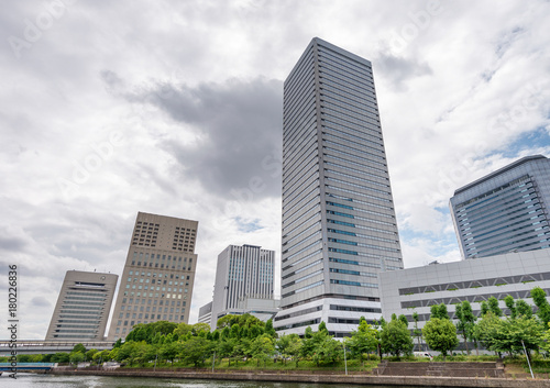 Osaka skyline from Neya river, Japan