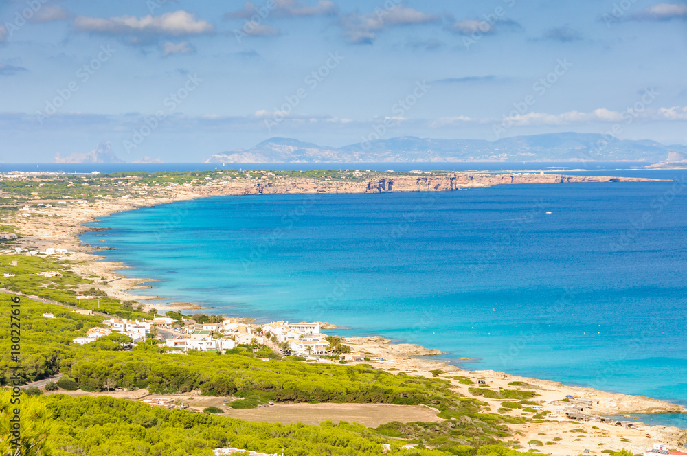 Aerial view of the beaches in Formentera, Spain