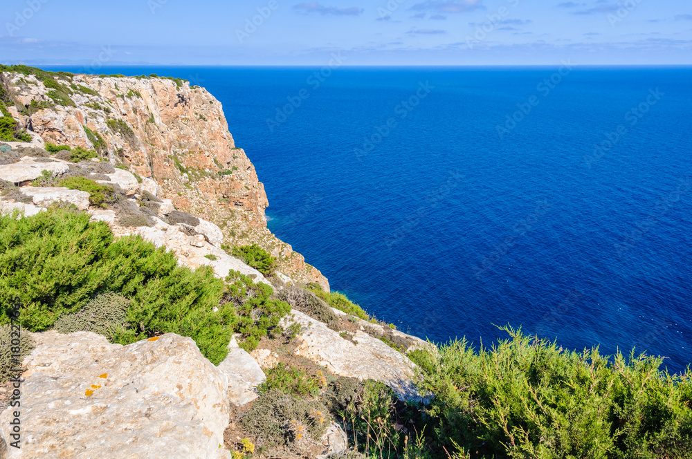 View of cliffs near Mola Lighthouse, Formentera, Spain
