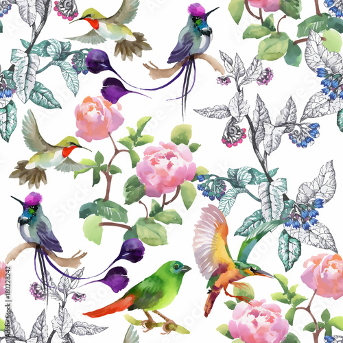 Watercolor hand drawn seamless pattern with beautiful flowers and colorful birds on white background.