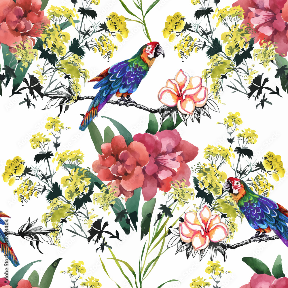 Fototapeta premium Watercolor hand drawn seamless pattern with beautiful flowers and colorful birds on white background.
