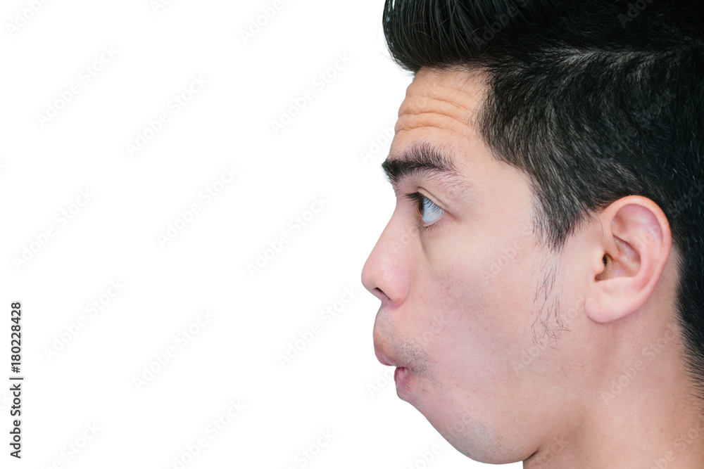 Fototapeta premium Close-up beside face handsome excited young isolated on white background. Human Face. Asia man people.