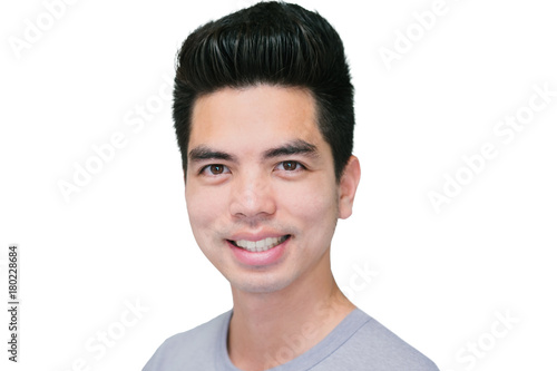 Close-up Handsome smiling young asian man isolated on white background. Human Face.