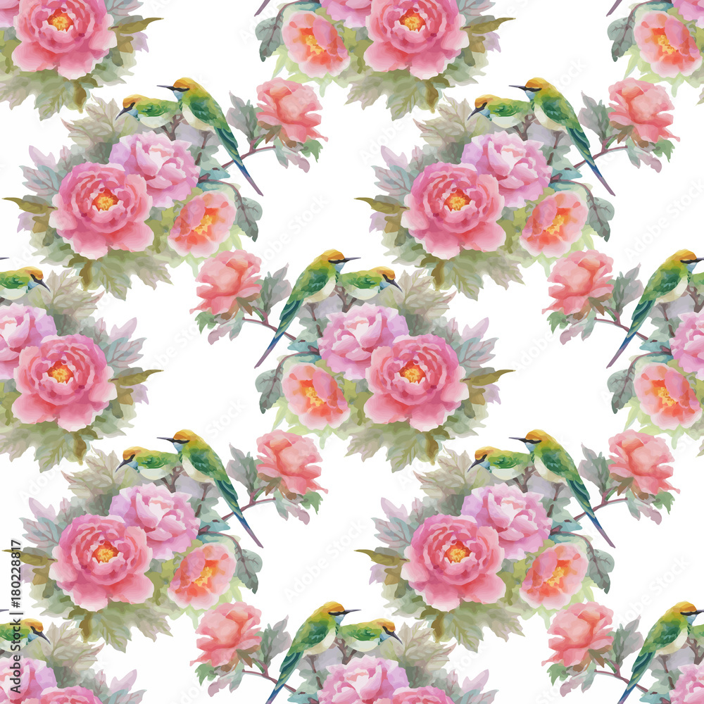 Watercolor hand drawn seamless pattern with beautiful flowers and colorful birds on white background. Watercolor hand drawn seamless pattern with beautiful flowers and colorful birds on white background.