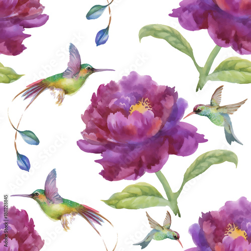 Watercolor hand drawn seamless pattern with beautiful flowers and colorful birds on white background. © kostanproff