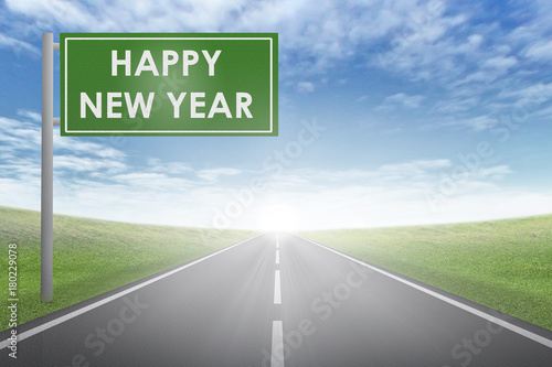 A green notification image with a happy new year with a blue sky background