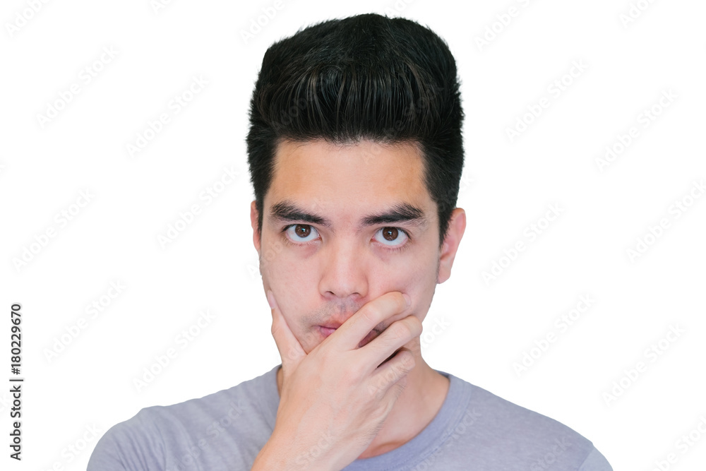 Close-up Handsome young asian man thinking isolated on white background. Human Face. Close-up Handsome young asian man thinking isolated on white background. Human Face.