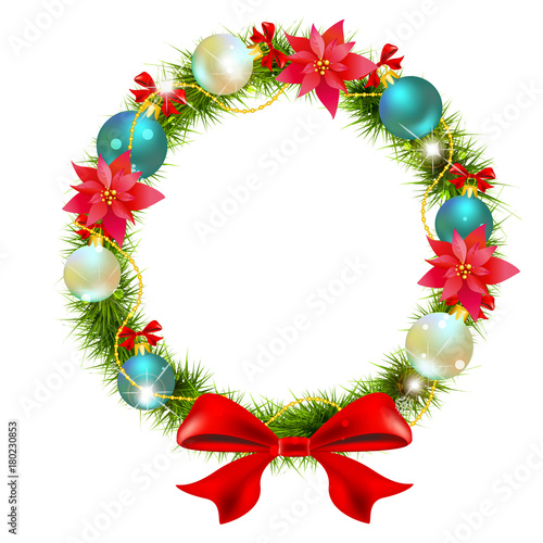 Christmas wreath,garland, balls,red bows, on a white