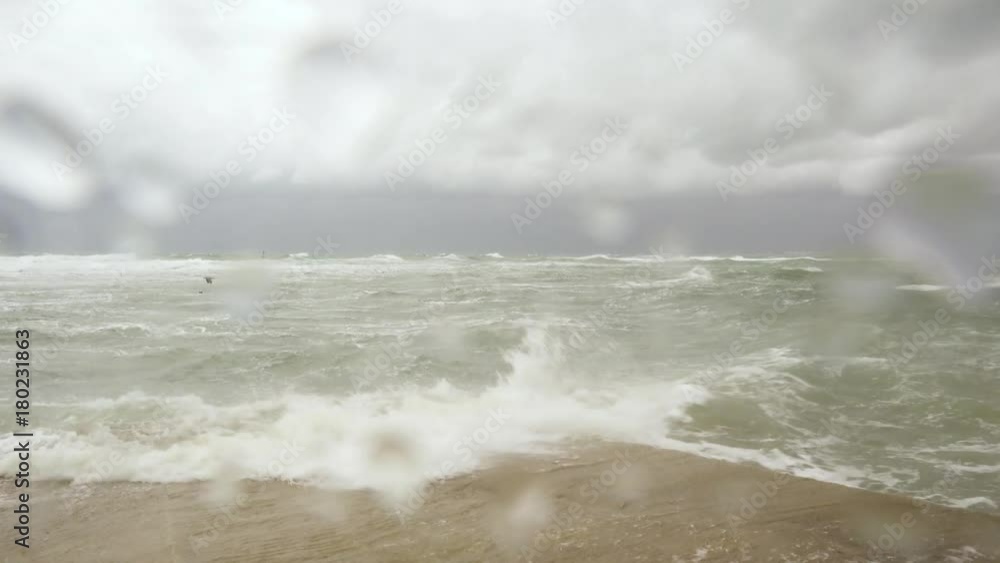 A view through a wet glass on a gray stormy sea and flying, under a gloomy sky, gulls A view through a wet glass on a gray stormy sea and flying, under a gloomy sky, gulls