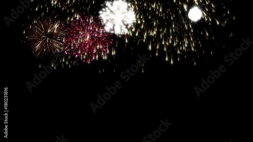 Colorful looping animated fireworks on black background.Celebration loop animation for festive events such Christmas, New Year,Independence Day.Gold,red colorful explosion loopable 4k social post card