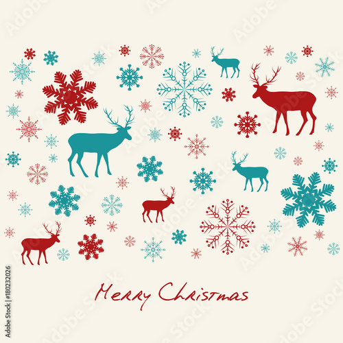 Vector Christmas wishes - winter card with deers and flakes. Eps 10 vector file. © mariesmolej