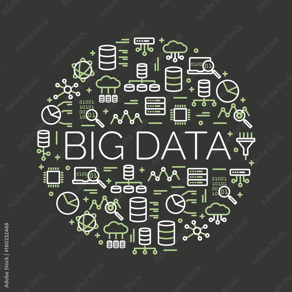 The words Big Data surrounded by icons of database, cloud computing, server, network… Vector background illustration.