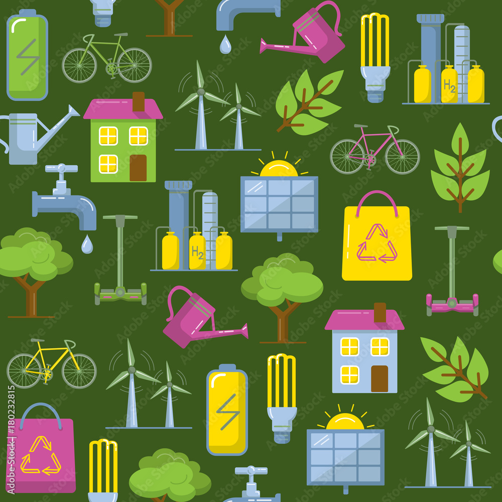 Fototapeta premium Green seamless pattern with eco symbols