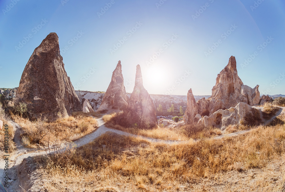 wonderful panoramic landscape view of Cappadocia in Turkey, famous tourist destination. Unusual rock volcanic tuff formation