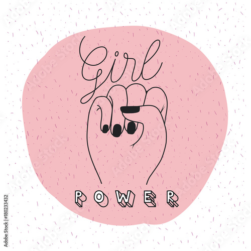 girl power emblem with raised fist in sign of victory in circular pink background