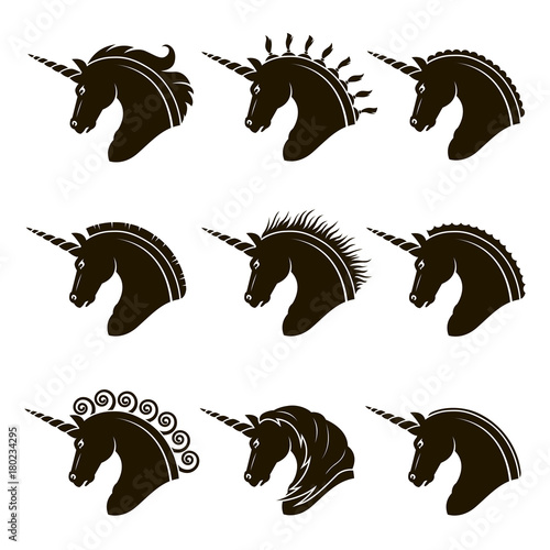 monochrome collection of unicorn heads with different manes