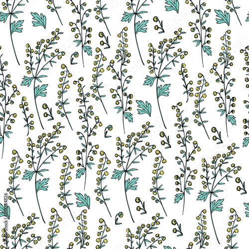 Seamless floral vector pattern Artemisia vulgaris, wormwood common hand drawn colorful illustration isolated on white background, Also called absinthium, Absinthe plant for design cosmetics, fabric © m_e_l