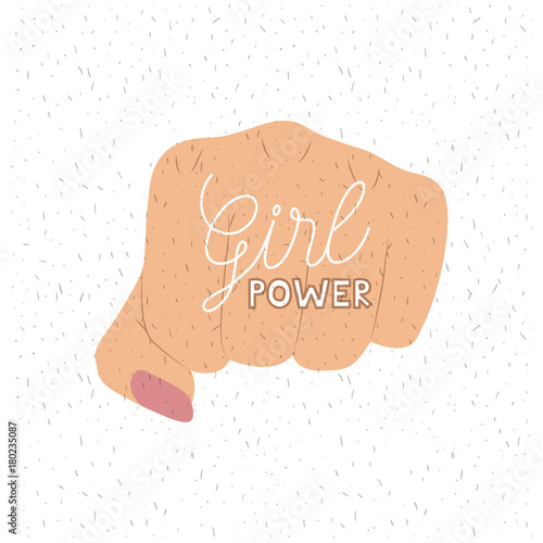 girl power text poster with female fist in skin color on white background with sparkles