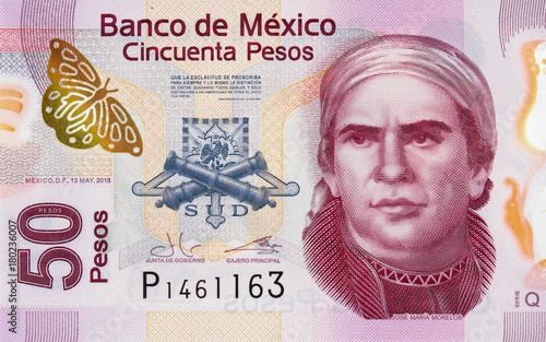 Jose Maria Morelos y Pavon portrait on Mexico 50 pesos (2015) banknote closeup macro, Mexican money close up.