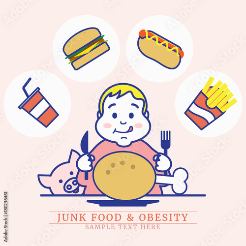 fat boy enjoy eating junk food, obesity concept