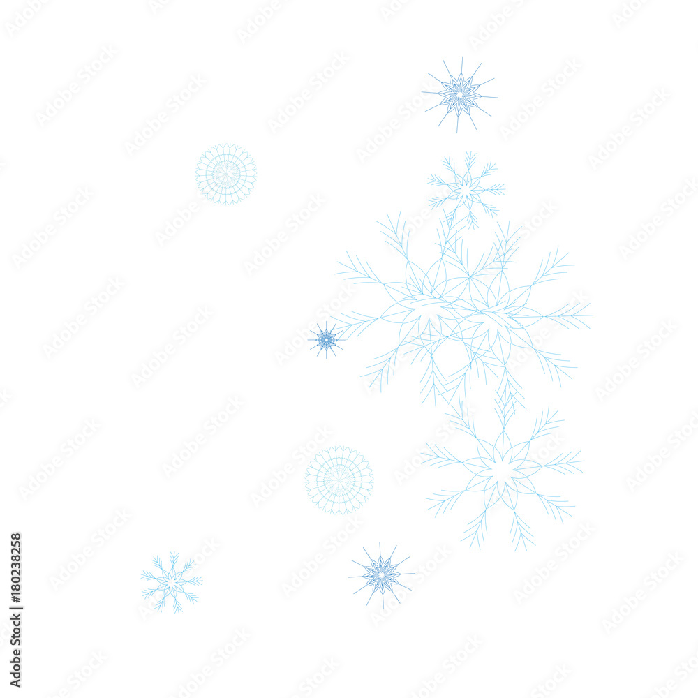 Snowflakes Confetti. Christmas or New Year Festive Celebration Background. Flying or Falling Blue Snowflakes Confetti on White Falling Snow Background, Winter Mood, Frost Ice Weather. Cold Snow Frame